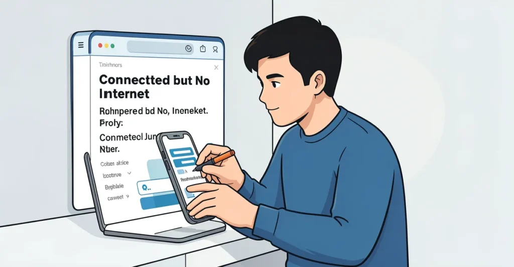 Featured image: Professional featured image for: How to Fix Connected but No Internet Error. Clean editorial illustr