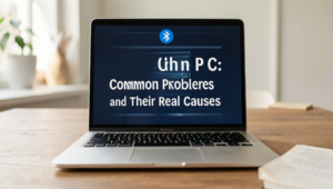 Close-up of a PC with Bluetooth connectivity issues in a modern workspace.