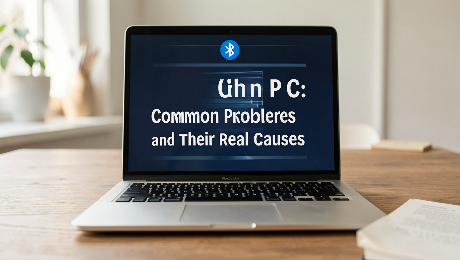 Close-up of a PC with Bluetooth connectivity issues in a modern workspace.