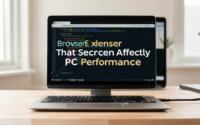 Photorealistic image depicting browser extensions affecting PC performance in a tech environment.