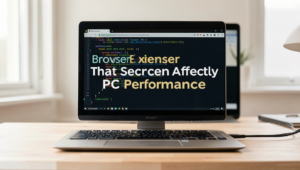 Photorealistic image depicting browser extensions affecting PC performance in a tech environment.
