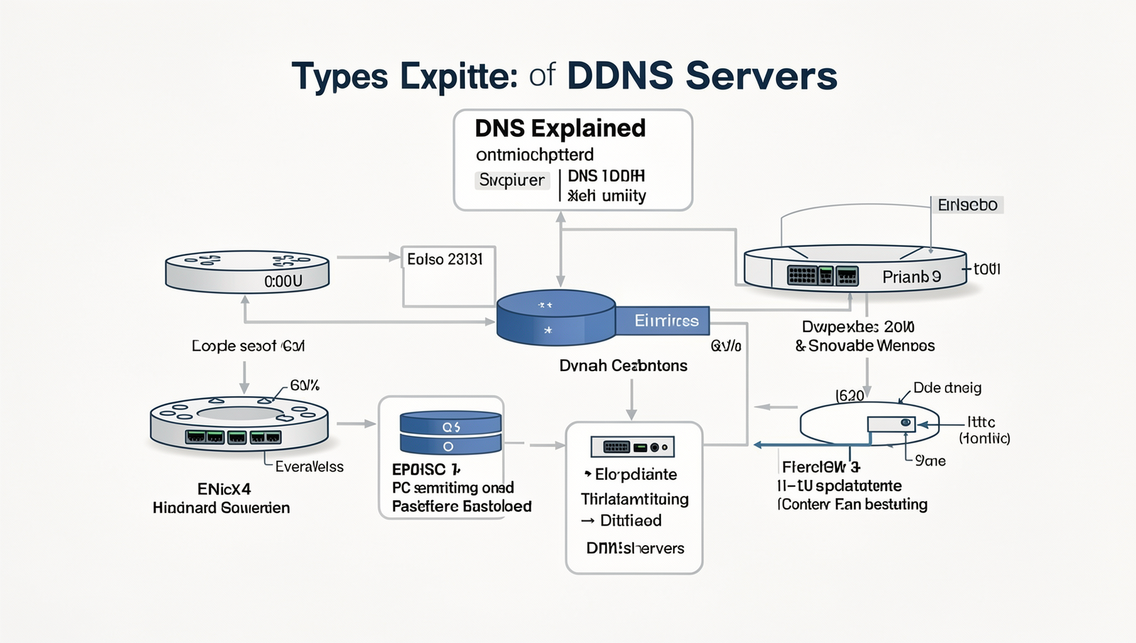 Detailed diagram illustrating various types of DNS servers in a professional style.