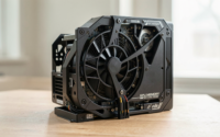Close-up of a high-end GPU showcasing detailed VRAM components in natural light.