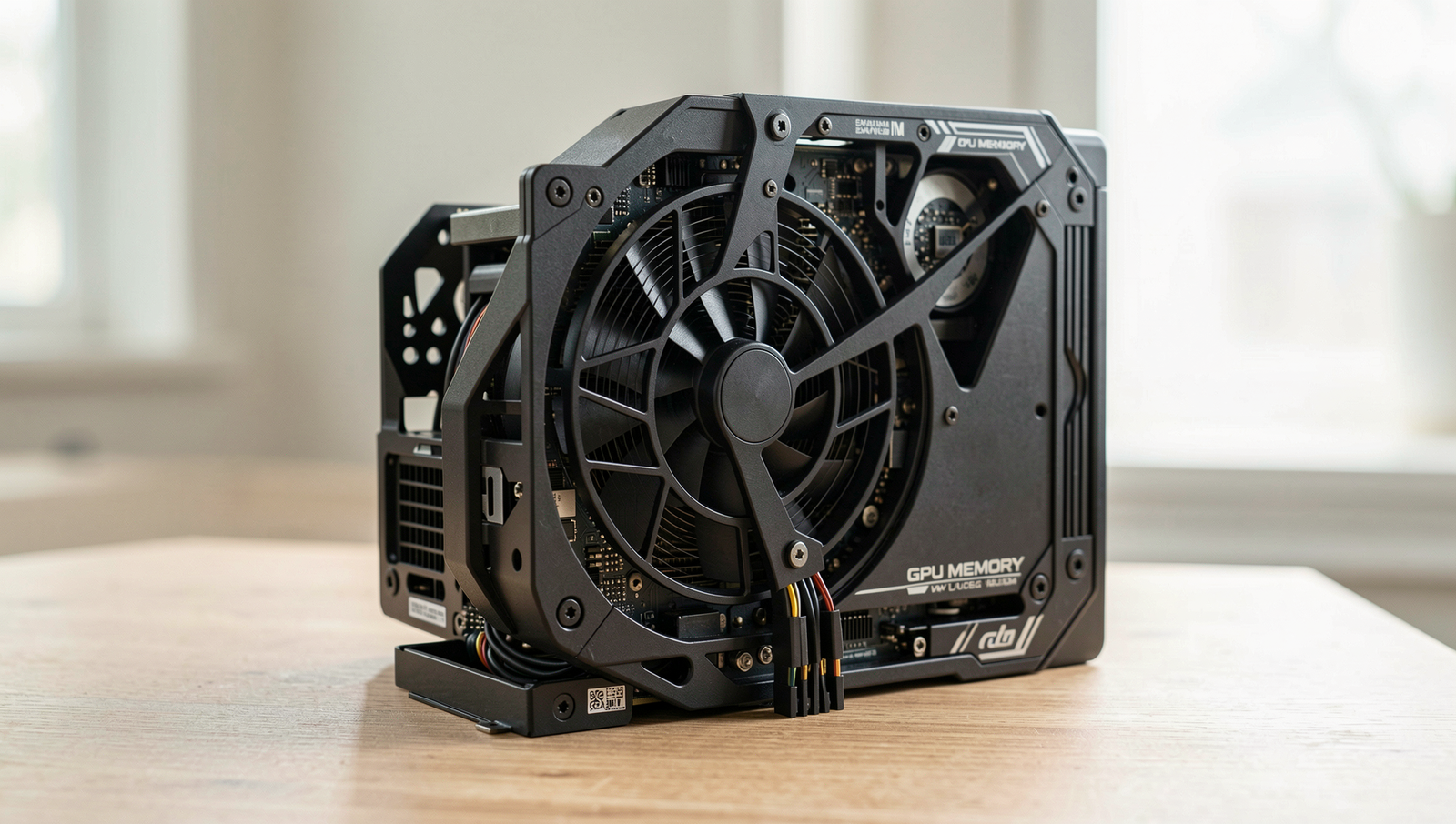 Close-up of a high-end GPU showcasing detailed VRAM components in natural light.
