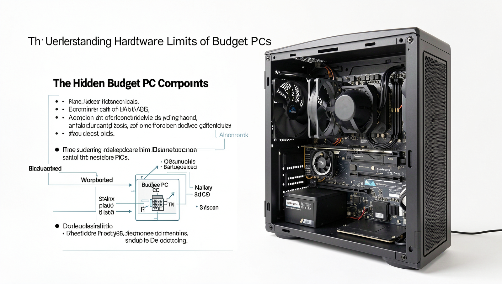 Infographic comparing budget PC components with realistic details and natural lighting.