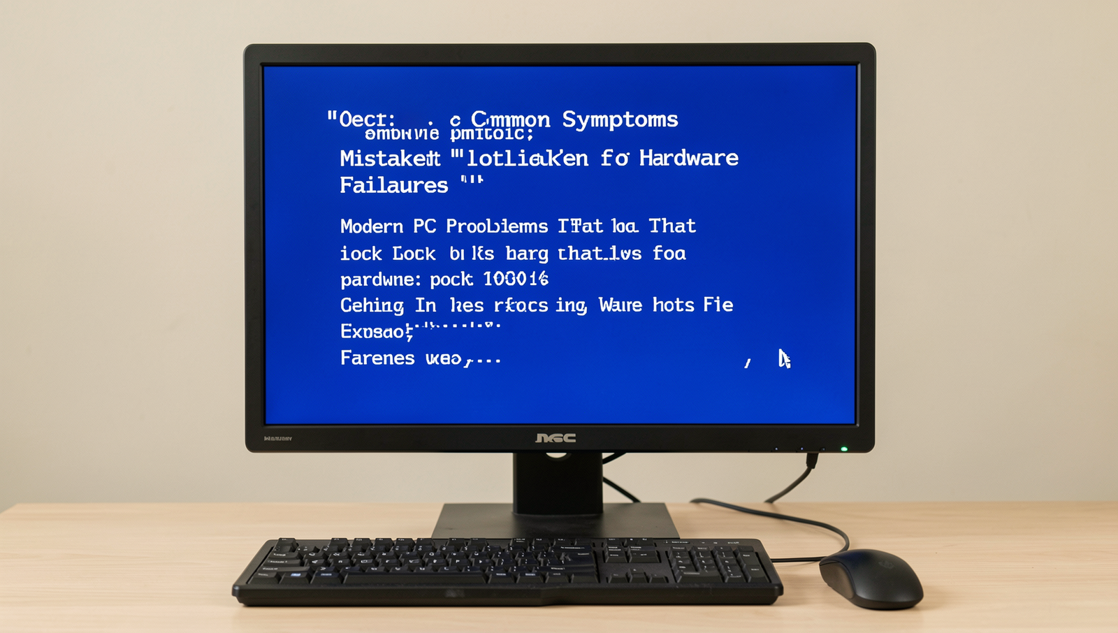 Computer displaying a blue screen of death with warning signs, indicating system errors.