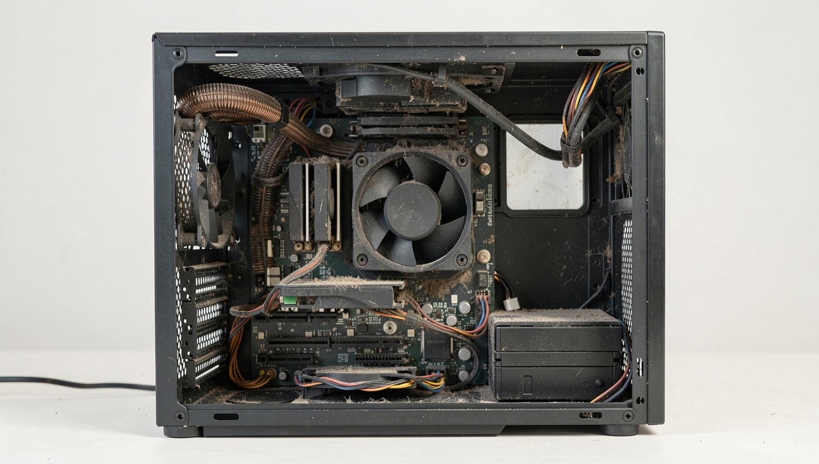 Open PC case revealing dust buildup and cooling components in natural light.
