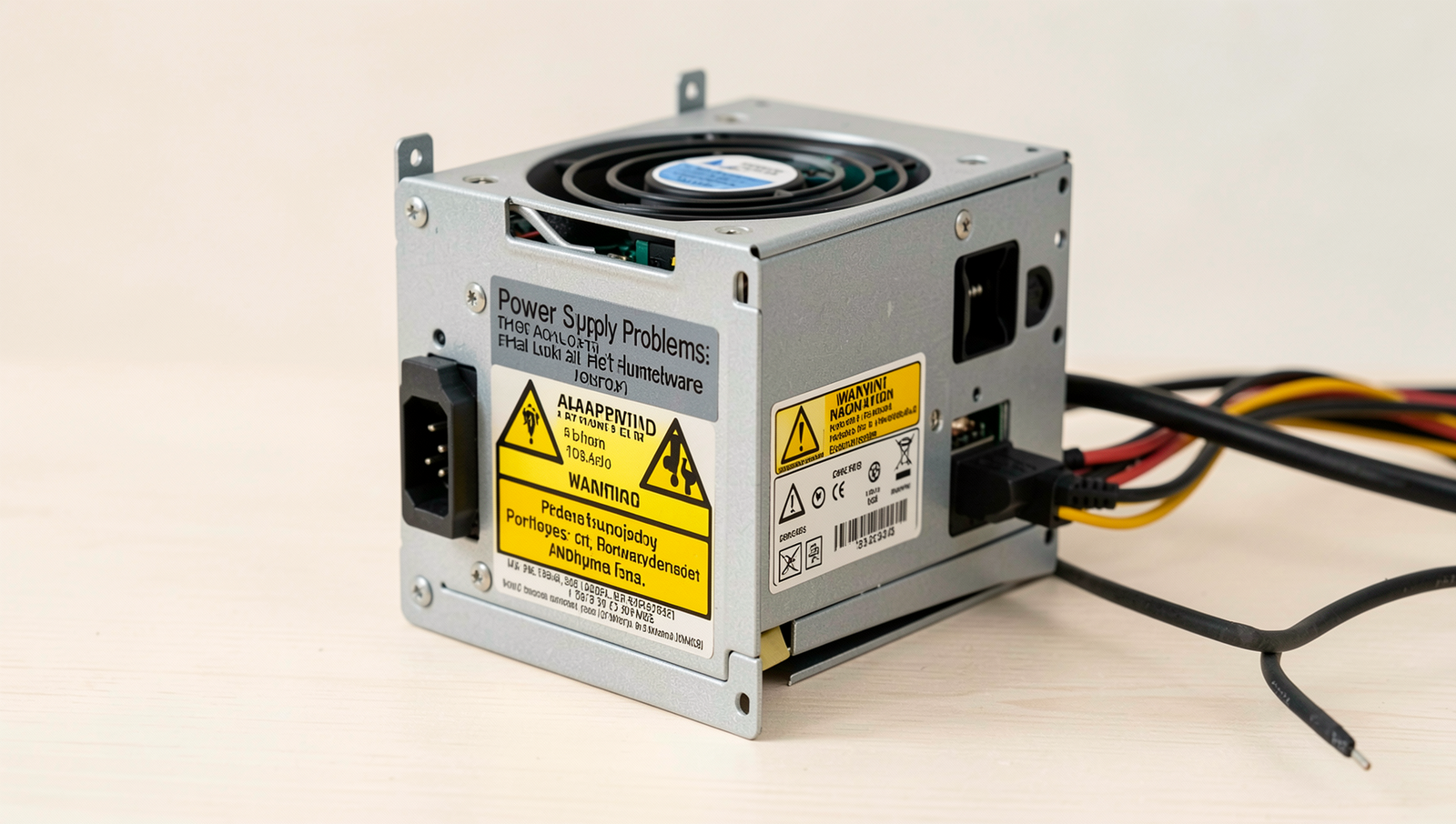 Detailed power supply unit with warning signs and cables in natural lighting.
