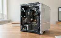 A vintage PC setup showcasing hardware upgrades in a well-lit, realistic environment.