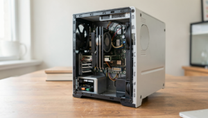 A vintage PC setup showcasing hardware upgrades in a well-lit, realistic environment.