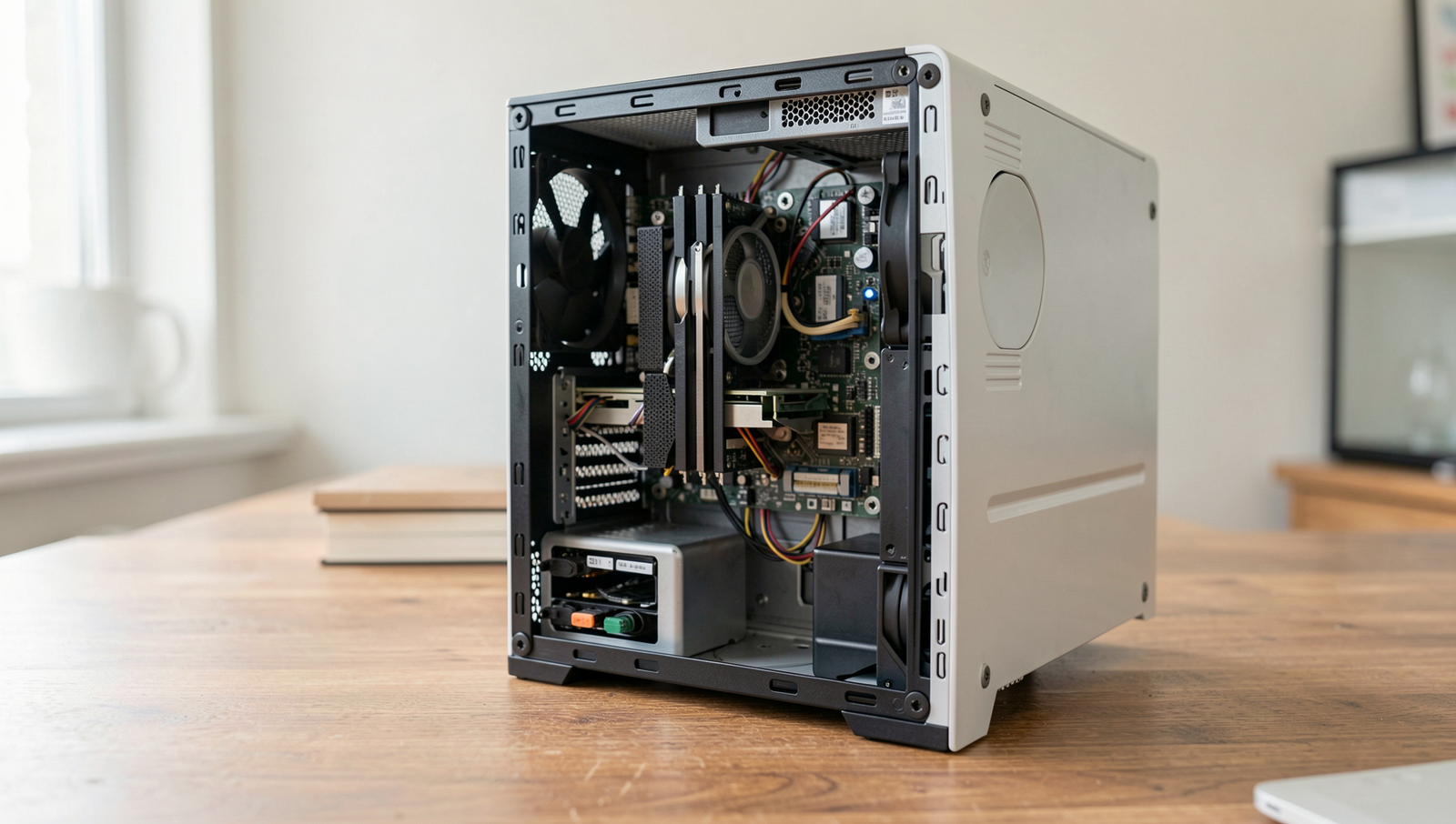 A vintage PC setup showcasing hardware upgrades in a well-lit, realistic environment.