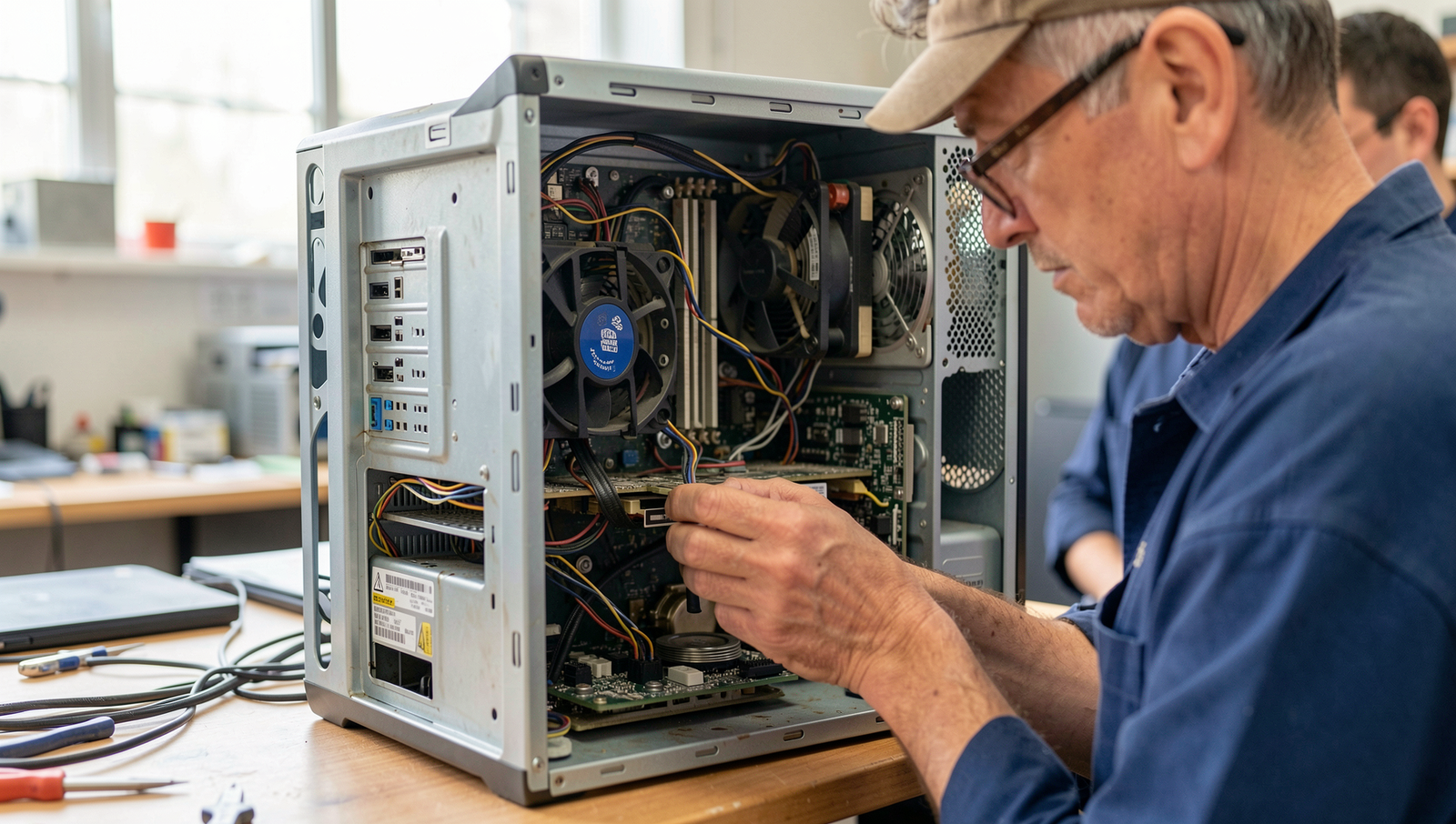 Technician inspecting the internals of an old PC for potential upgrades.