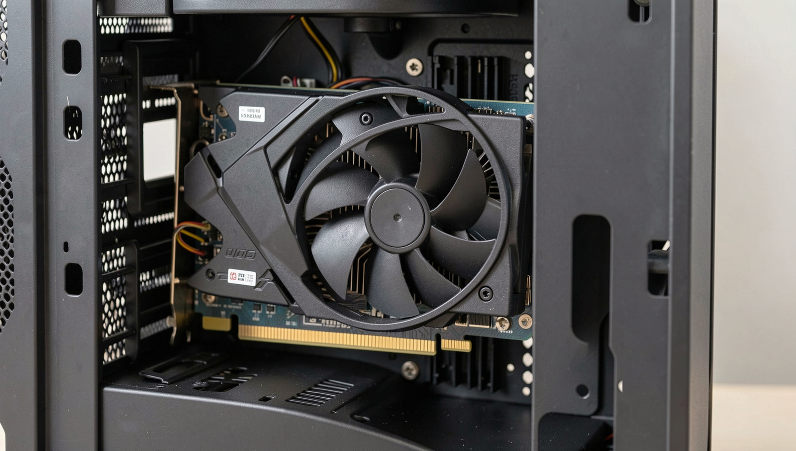 A new graphics card being installed in a PC case with natural lighting.