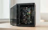 Photorealistic image illustrating PC components and bottlenecks in a tech environment.