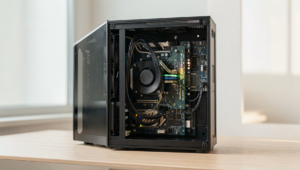 Photorealistic image illustrating PC components and bottlenecks in a tech environment.