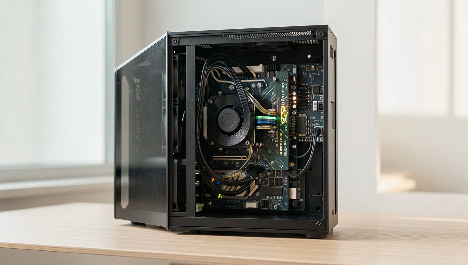 Photorealistic image illustrating PC components and bottlenecks in a tech environment.