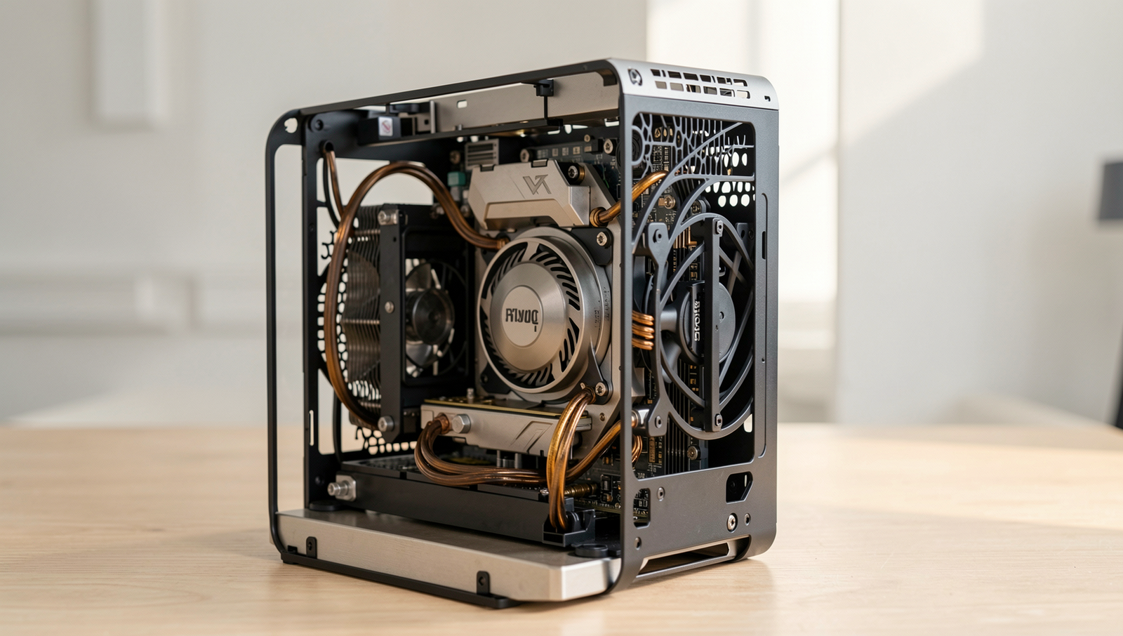 Close-up of a high-performance PC cooling system with detailed components.