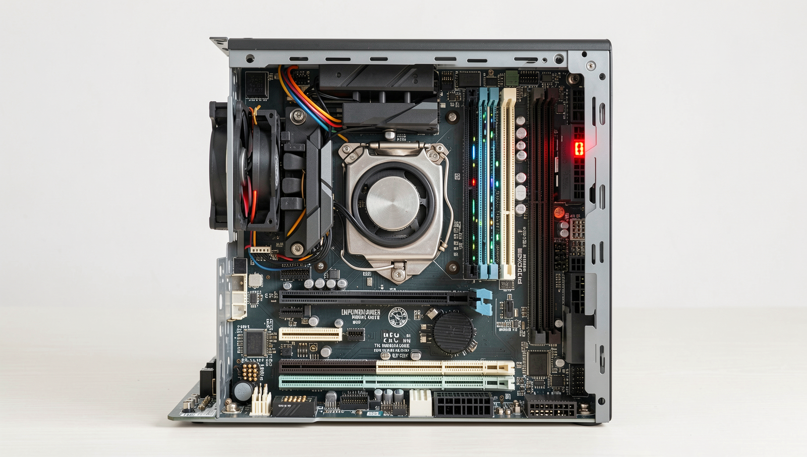 Detailed illustration of PC components with visible temperature indicators.