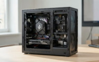 A high-end PC setup showcasing performance optimization tools and software in a modern workspace.