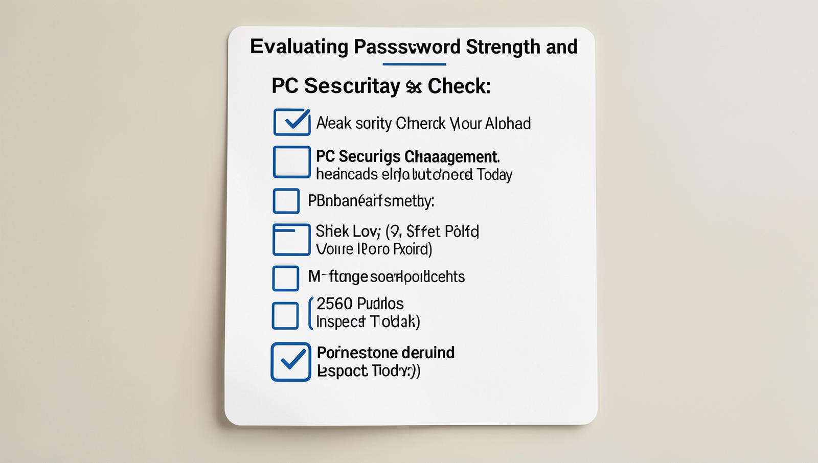 Checklist for evaluating strong passwords with security tips and guidelines.