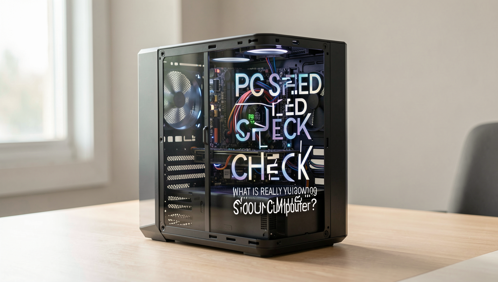 Close-up of a computer with speed test software on screen in a modern workspace.