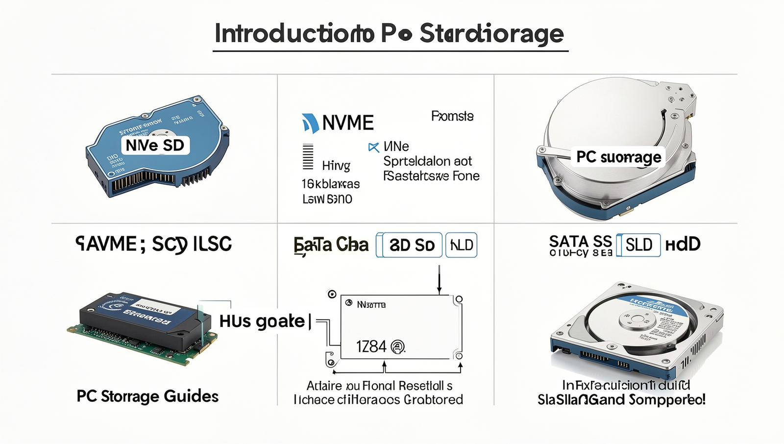 Infographic comparing NVMe, SATA SSD, and HDD types of PC storage.