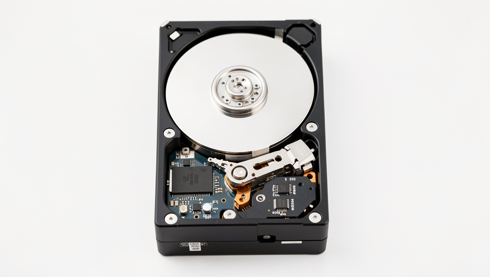 Detailed diagram of HDD internal components with realistic lighting and focus.