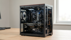 A detailed close-up of a computer's internal components showcasing a PC upgrade.