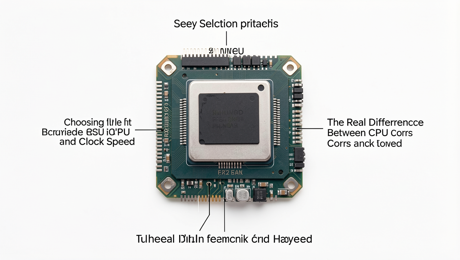 Infographic illustrating CPU selection criteria with cores and clock speed details.