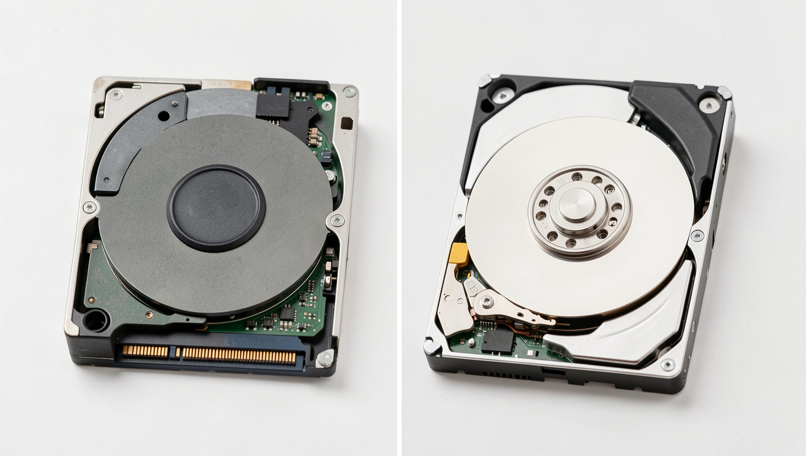 Side-by-side comparison of SSD and HDD technologies showcasing their design and components.
