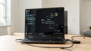 A side-by-side comparison of WiFi and Ethernet connections in a modern workspace.
