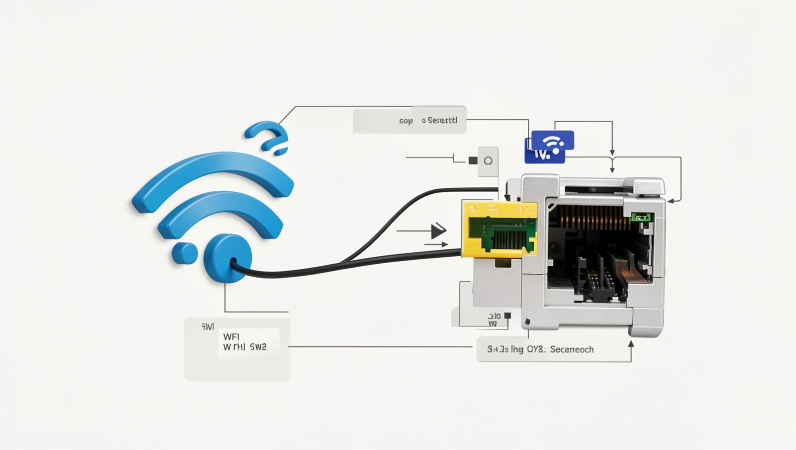 Detailed illustration of WiFi and Ethernet security features in a technical diagram style.