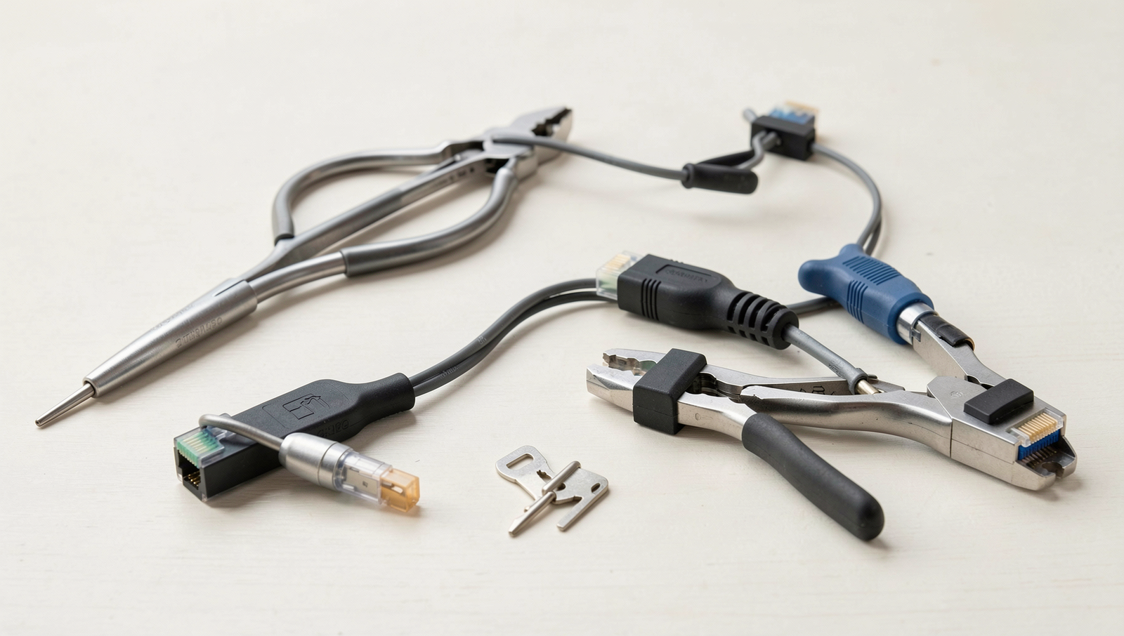 Installation tools for WiFi and Ethernet connections on a workbench.