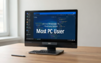 A sleek laptop displaying Windows 11 features in a modern workspace.