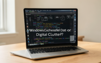 A professional editorial photo depicting a cluttered desktop with cache files.