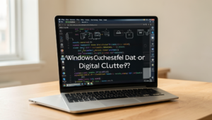 A professional editorial photo depicting a cluttered desktop with cache files.
