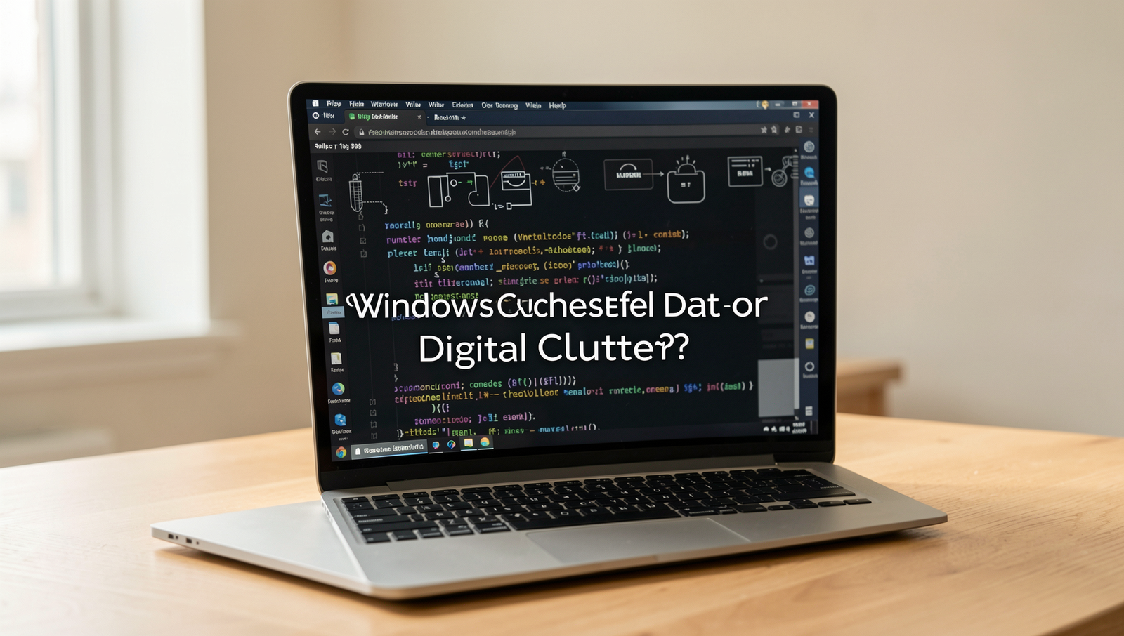 A professional editorial photo depicting a cluttered desktop with cache files.