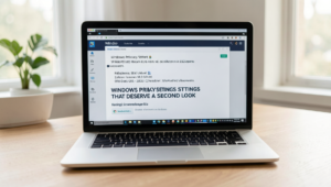 Professional editorial photo showcasing Windows privacy settings in a modern workspace.